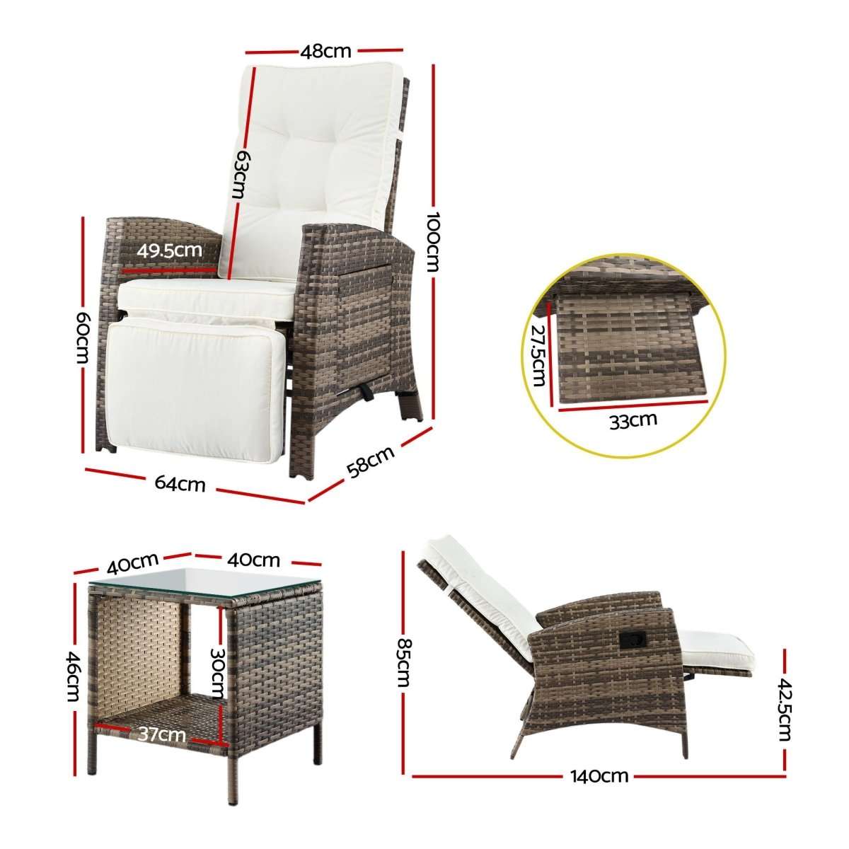 Gardeon 3PC Outdoor Bistro Set Recliner Chairs Table Sun lounge Patio Furniture Wicker Adjustable | Furniture > Outdoor > Outdoor Chairs