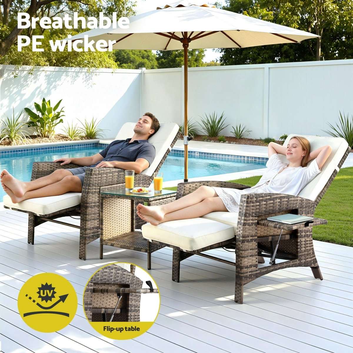 Gardeon 3PC Outdoor Bistro Set Recliner Chairs Table Sun lounge Patio Furniture Wicker Adjustable | Furniture > Outdoor > Outdoor Chairs