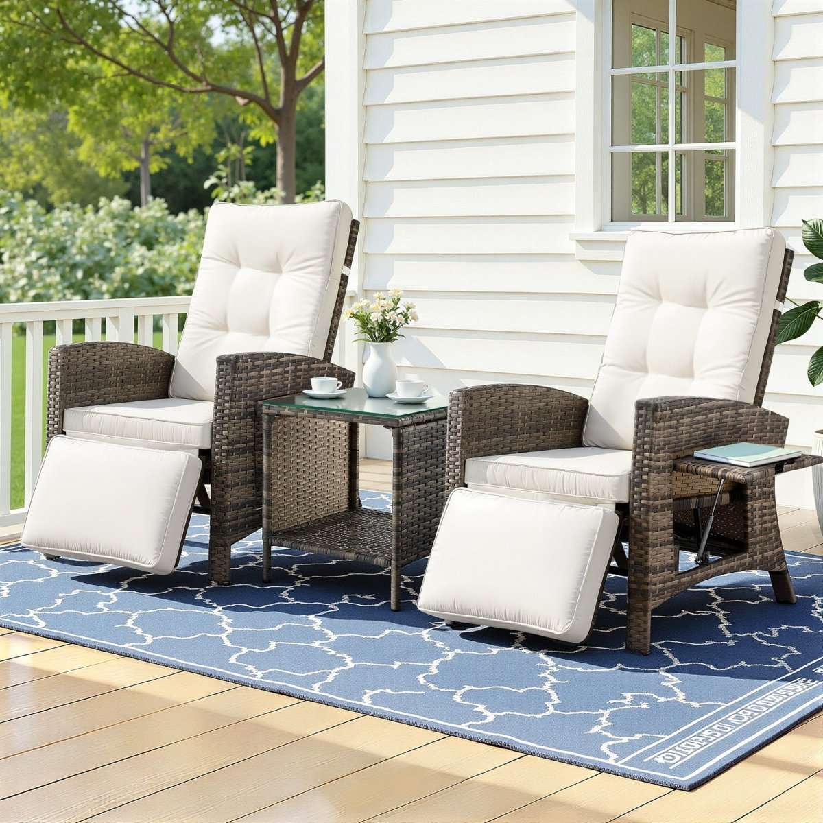 Gardeon 3PC Outdoor Bistro Set Recliner Chairs Table Sun lounge Patio Furniture Wicker Adjustable | Furniture > Outdoor > Outdoor Chairs