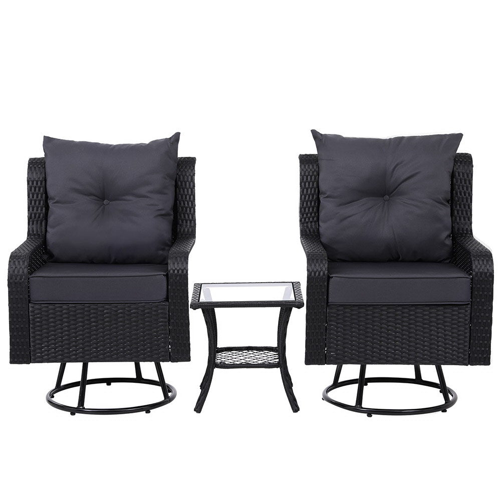 Gardeon 3PC Outdoor Furniture Bistro Set Lounge Wicker Swivel Chairs Table Cushion Black - Outdoorium