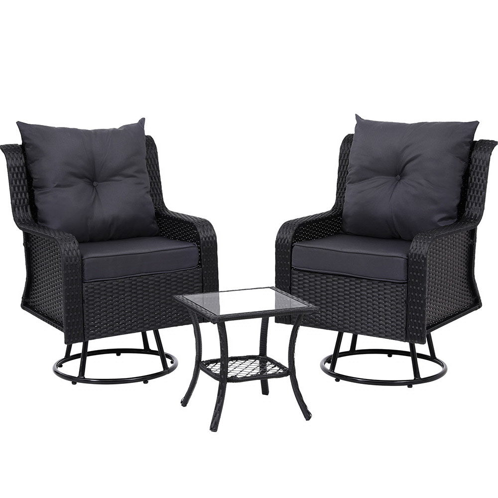 Gardeon 3PC Outdoor Furniture Bistro Set Lounge Wicker Swivel Chairs Table Cushion Black - Outdoorium