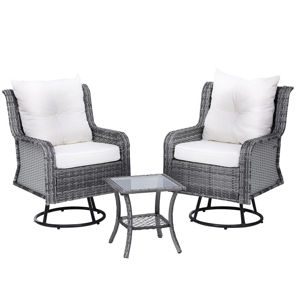 Gardeon 3PC Outdoor Furniture Bistro Set Lounge Wicker Swivel Chairs Table Cushion Grey - Outdoorium