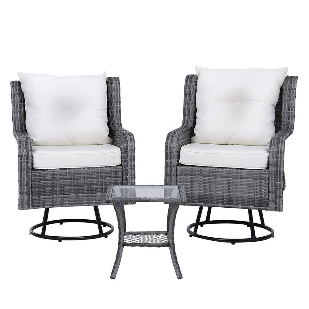 Gardeon 3PC Outdoor Furniture Bistro Set Lounge Wicker Swivel Chairs Table Cushion Grey - Outdoorium