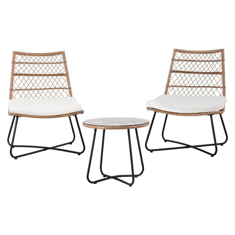 Gardeon 3PC Outdoor Setting Wicker Bistro Set Table Chairs Patio Furniture Brown - Outdoorium