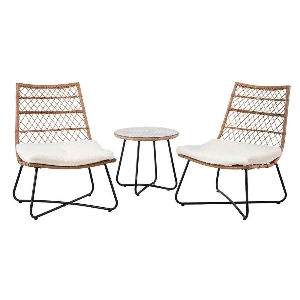 Gardeon 3PC Outdoor Setting Wicker Bistro Set Table Chairs Patio Furniture Brown - Outdoorium