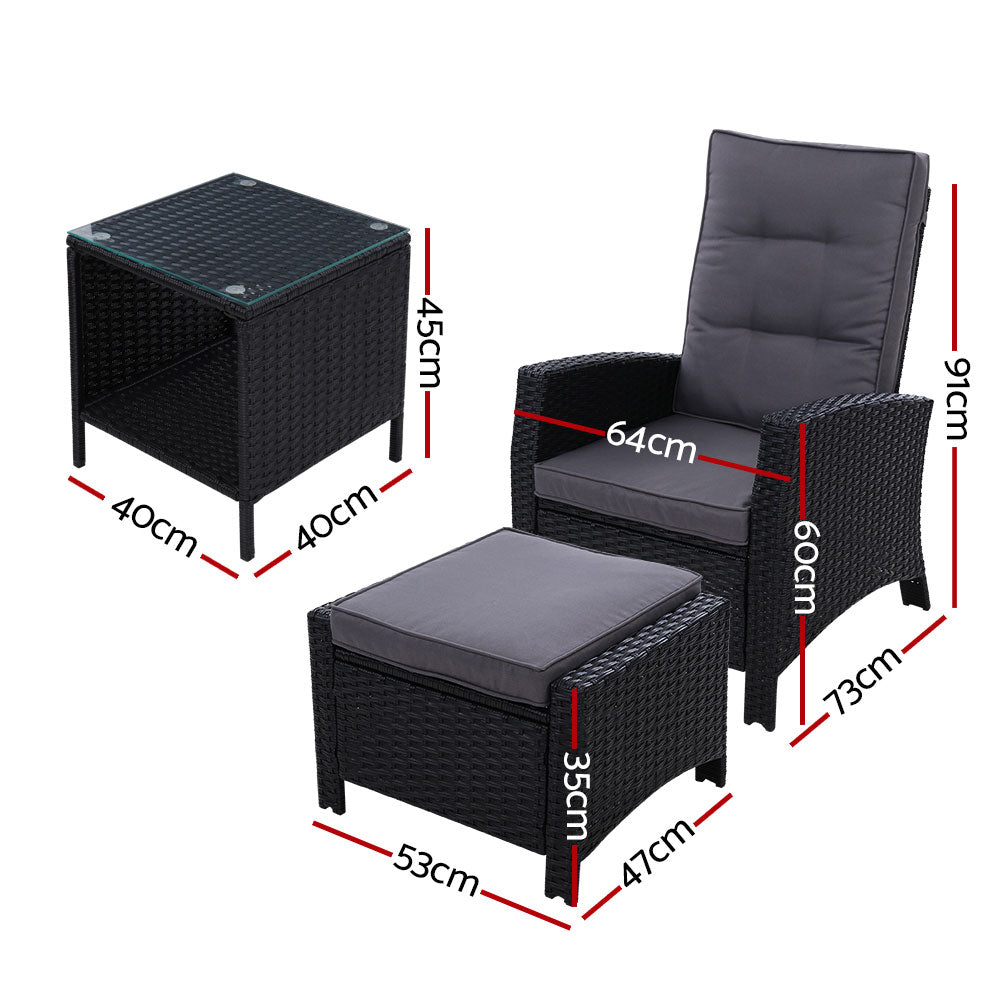 Gardeon 3PC Recliner Chairs Table Sun lounge Wicker Outdoor Furniture Adjustable Black - Outdoorium