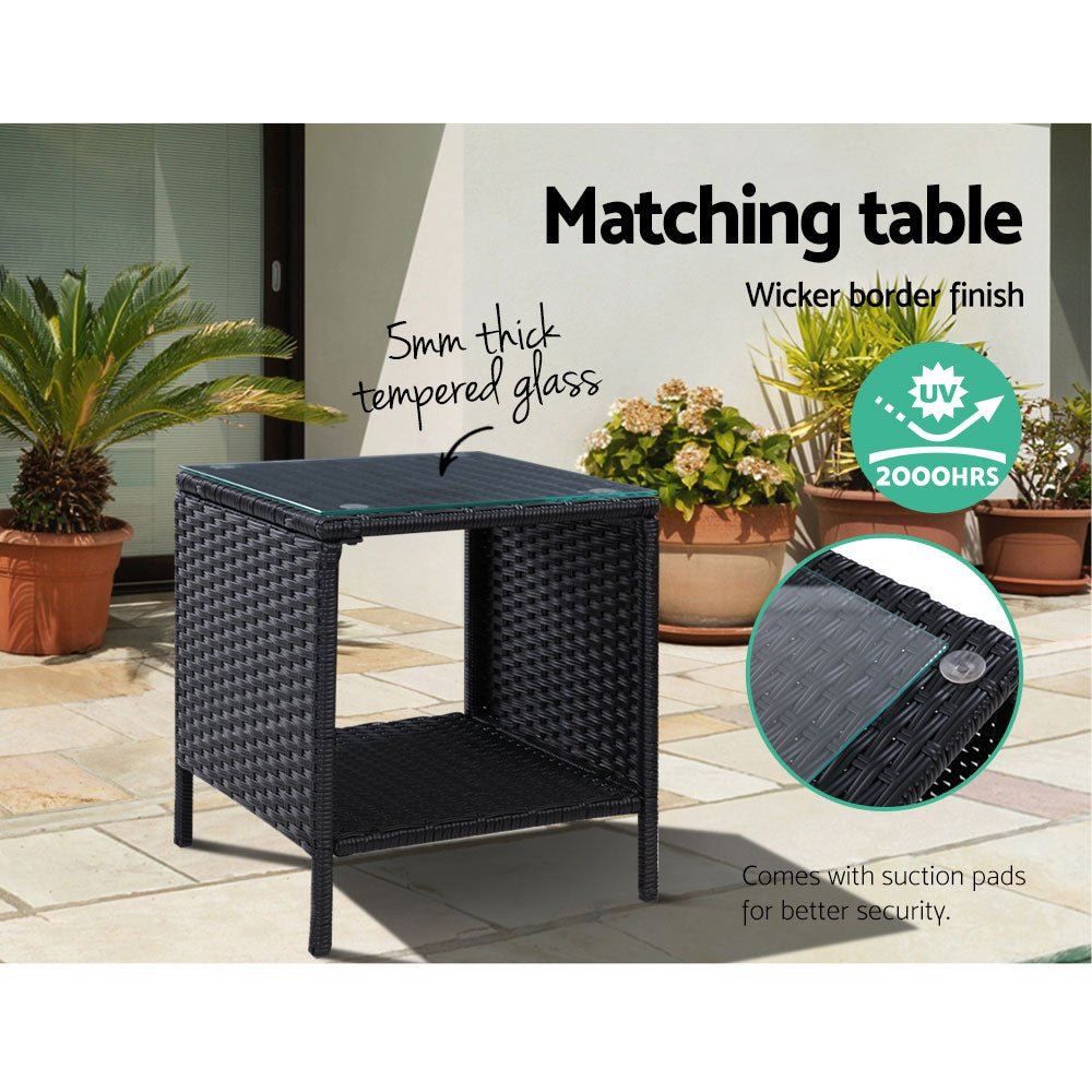 Gardeon 3PC Recliner Chairs Table Sun lounge Wicker Outdoor Furniture Adjustable Black - Outdoorium