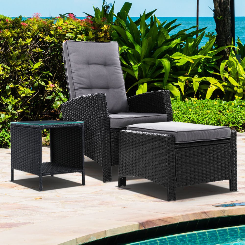Gardeon 3PC Recliner Chairs Table Sun lounge Wicker Outdoor Furniture Adjustable Black - Outdoorium