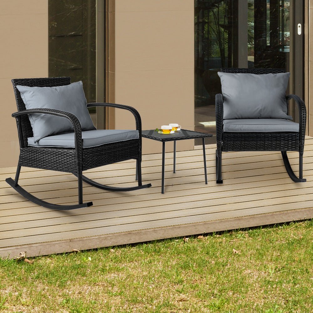 Gardeon 3PC Rocking Chair Table Wicker Outdoor Furniture Patio Bistro Set Black | Outdoorium
