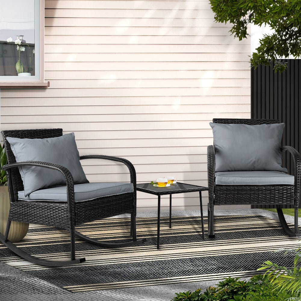 Gardeon 3PC Rocking Chair Table Wicker Outdoor Furniture Patio Bistro Set Black | Outdoorium