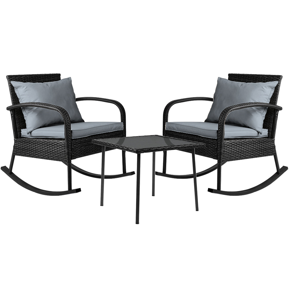 Gardeon 3PC Rocking Chair Table Wicker Outdoor Furniture Patio Bistro Set Black | Outdoorium