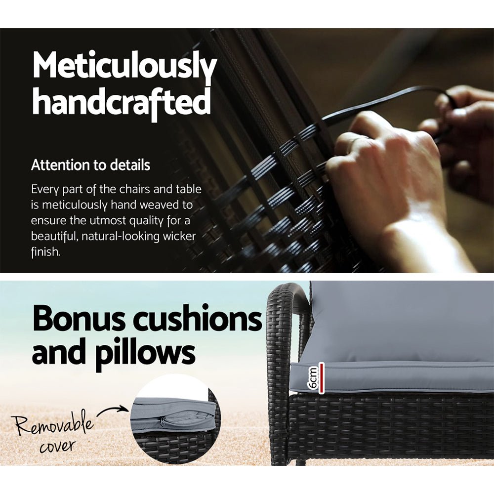 Gardeon 3PC Rocking Chair Table Wicker Outdoor Furniture Patio Bistro Set Black | Outdoorium