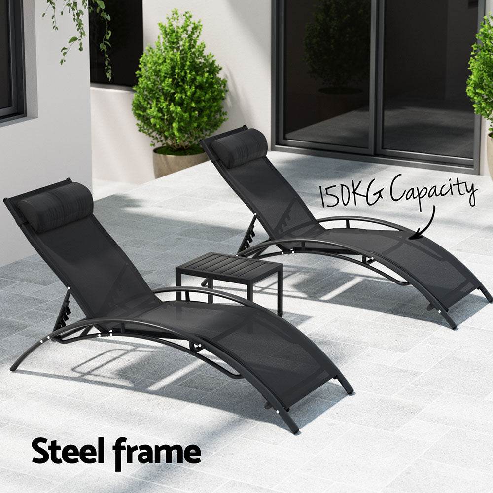 Gardeon 3PC Sun Lounge Outdoor Lounger Steel Table Chairs Patio Furniture Garden - Outdoorium