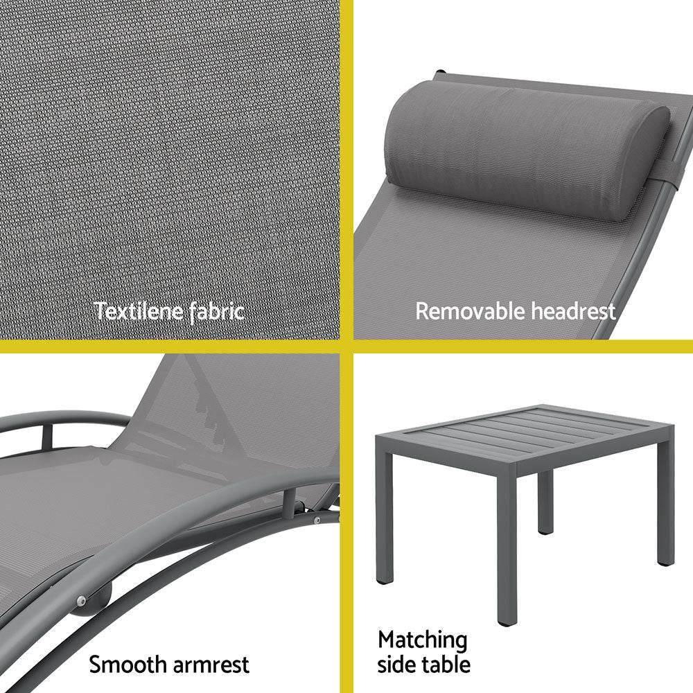 Gardeon 3PC Sun Lounge Outdoor Lounger Steel Table Chairs Patio Furniture Grey - Outdoorium