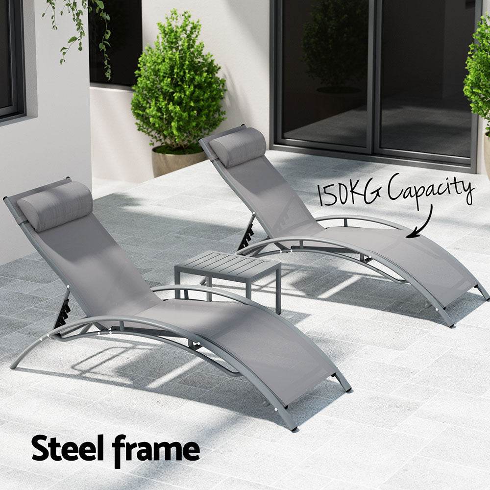 Gardeon 3PC Sun Lounge Outdoor Lounger Steel Table Chairs Patio Furniture Grey - Outdoorium