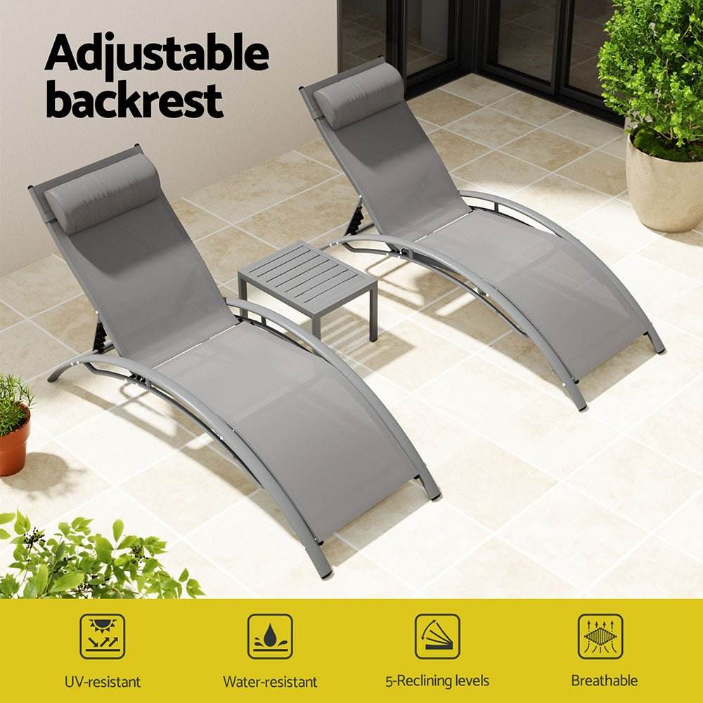 Gardeon 3PC Sun Lounge Outdoor Lounger Steel Table Chairs Patio Furniture Grey - Outdoorium
