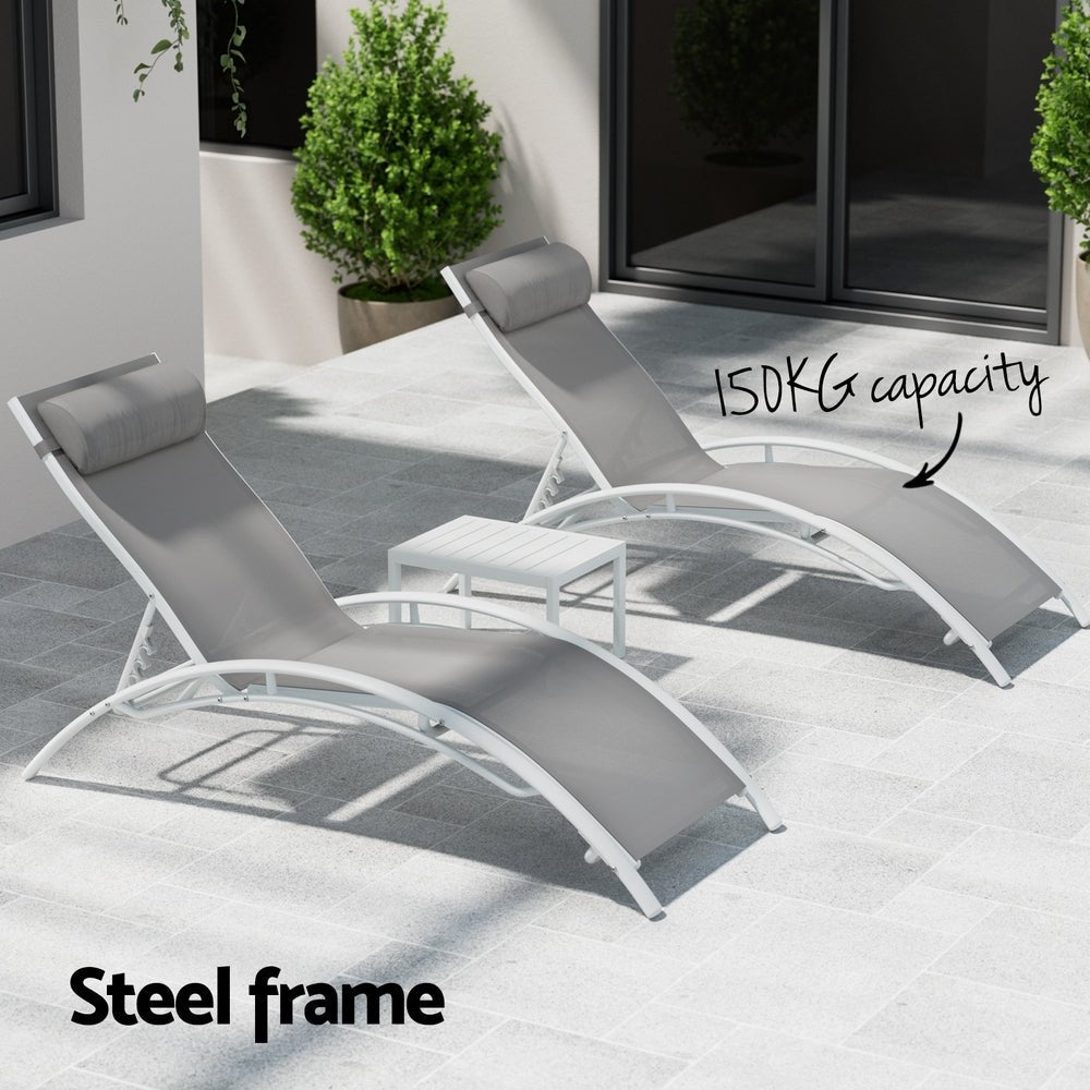 Gardeon 3PC Sun Lounge Outdoor Lounger Table Chairs Steel Patio Furniture Garden | Outdoorium