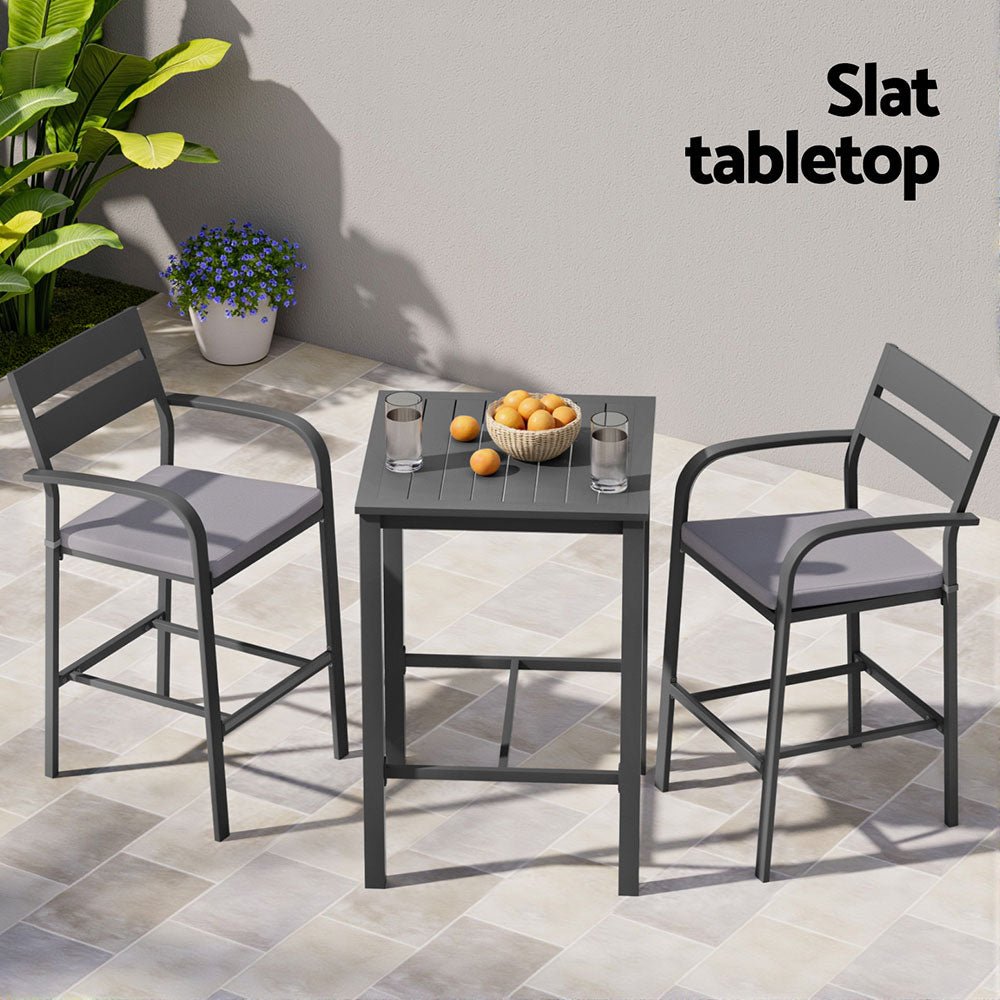 Gardeon 3Pcs Outdoor Bar Set Stools Dining Chairs Table Patio Aluminium Bistro Set Black | Outdoorium