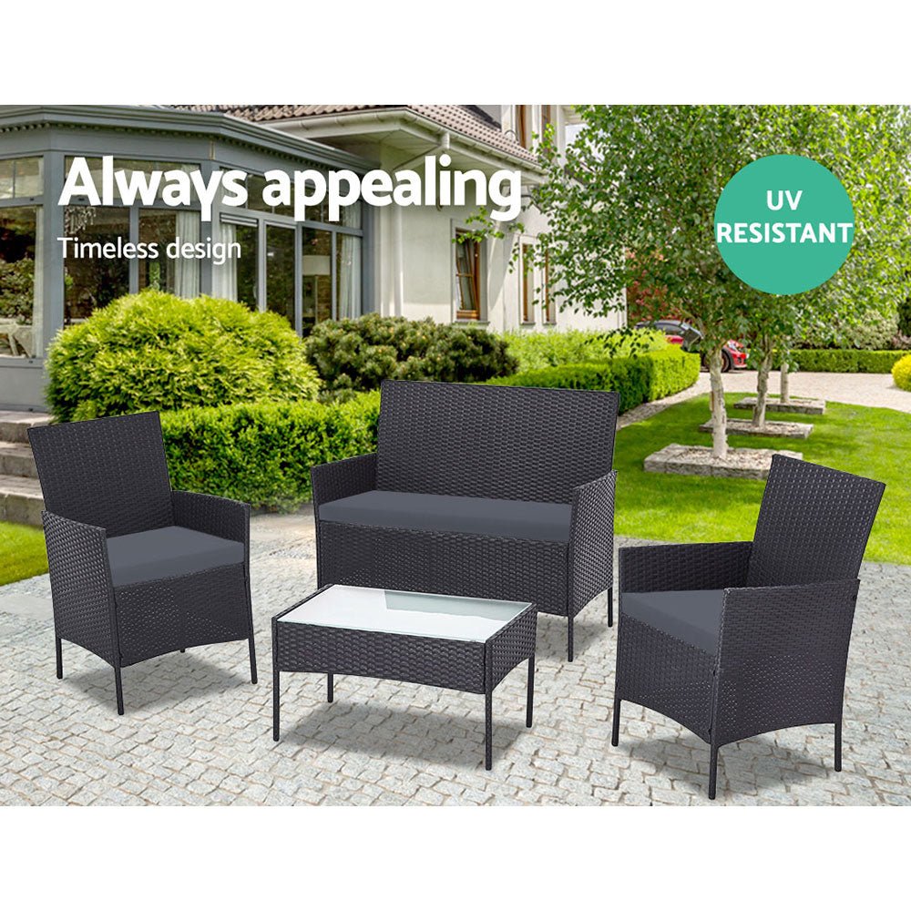 Gardeon 4 PCS Outdoor Sofa Set Rattan Chair Table Setting Garden Furniture Black - Outdoorium