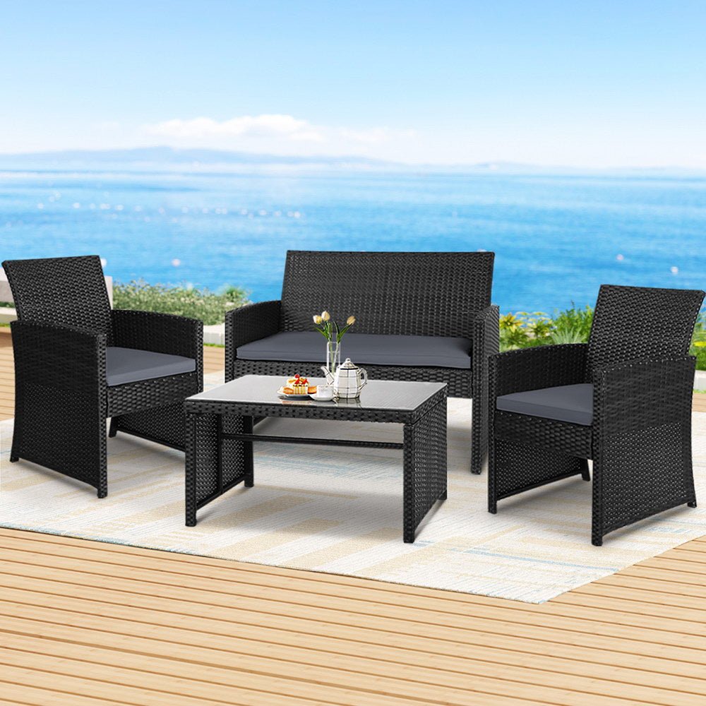 Gardeon 4 PCS Outdoor Sofa Set Rattan Chair Table Setting Garden Furniture Black - Outdoorium