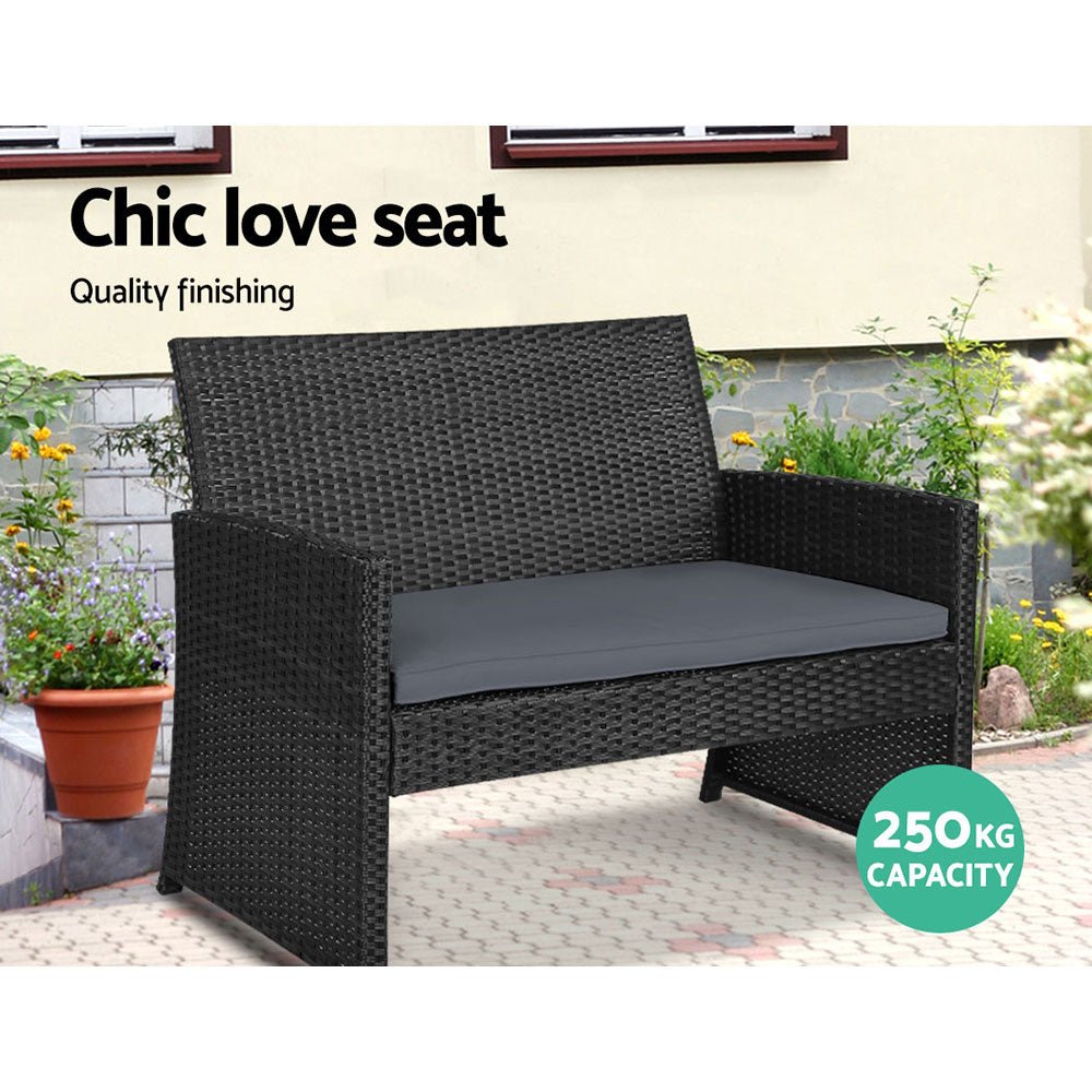 Gardeon 4 PCS Outdoor Sofa Set Rattan Chair Table Setting Garden Furniture Black - Outdoorium