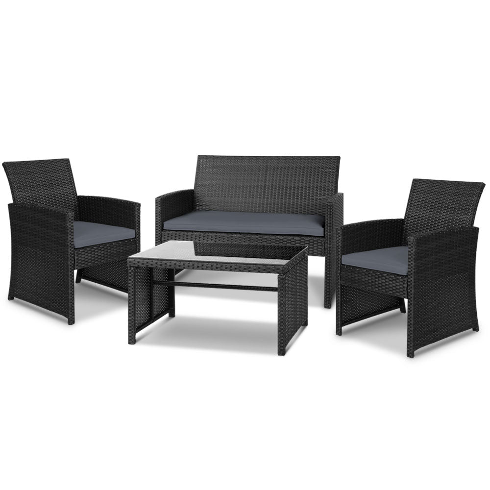 Gardeon 4 PCS Outdoor Sofa Set Rattan Chair Table Setting Garden Furniture Black - Outdoorium