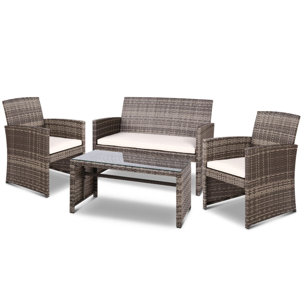 Gardeon 4 PCS Outdoor Sofa Set Rattan Chair Table Setting Garden Furniture Grey - Outdoorium