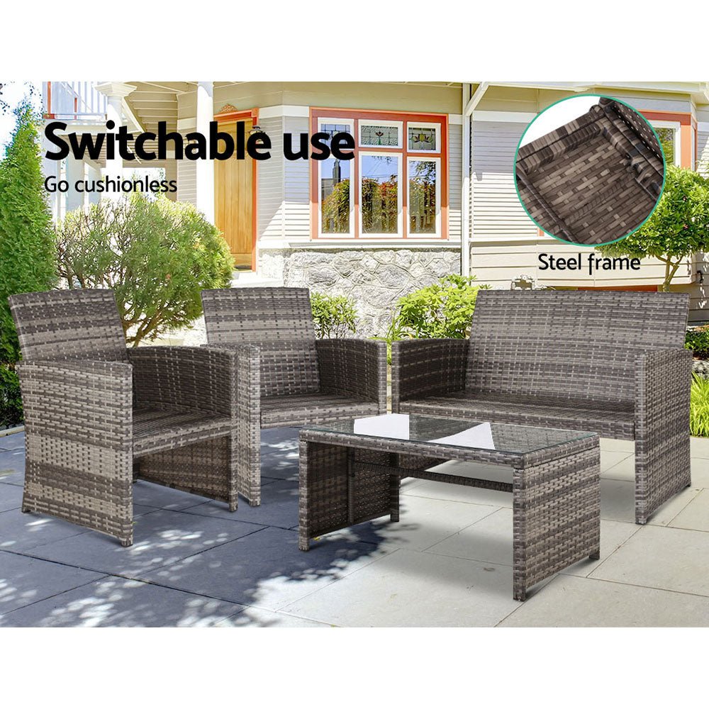 Gardeon 4 PCS Outdoor Sofa Set Rattan Chair Table Setting Garden Furniture Grey - Outdoorium