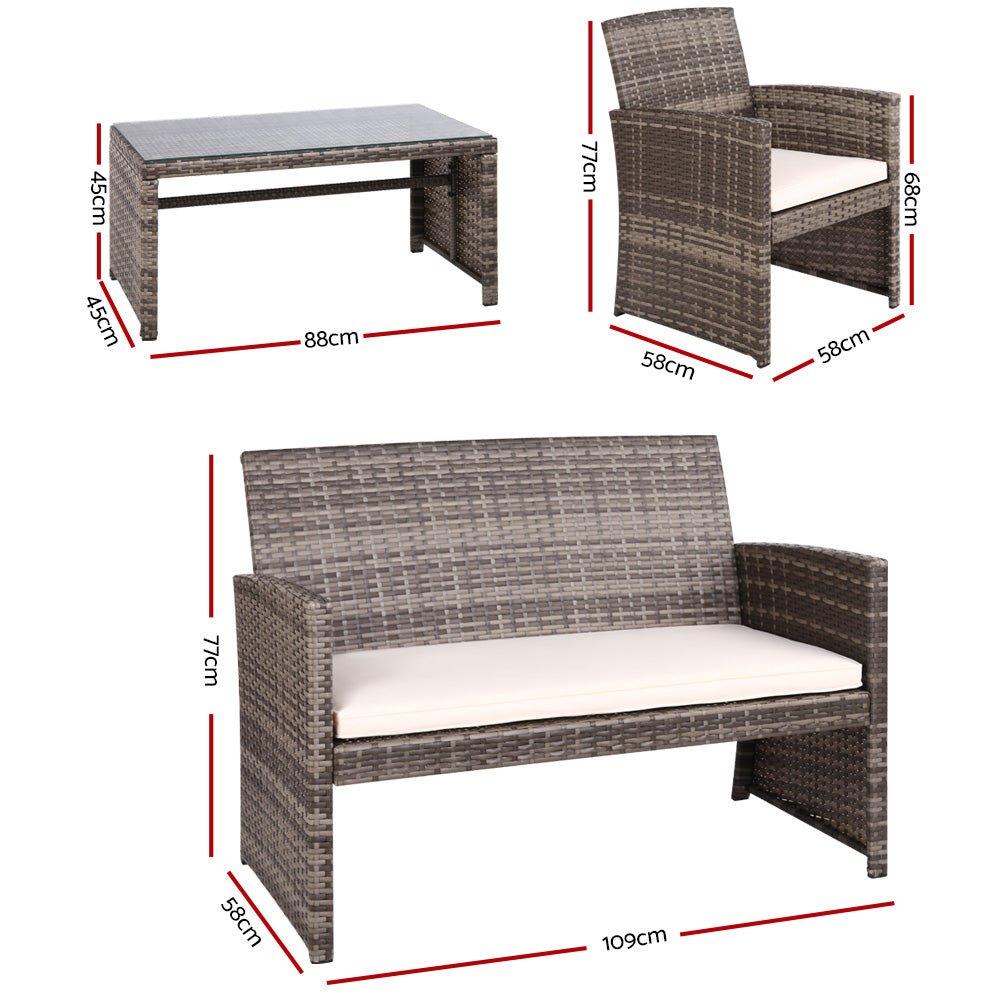 Gardeon 4 PCS Outdoor Sofa Set Rattan Chair Table Setting Garden Furniture Grey - Outdoorium