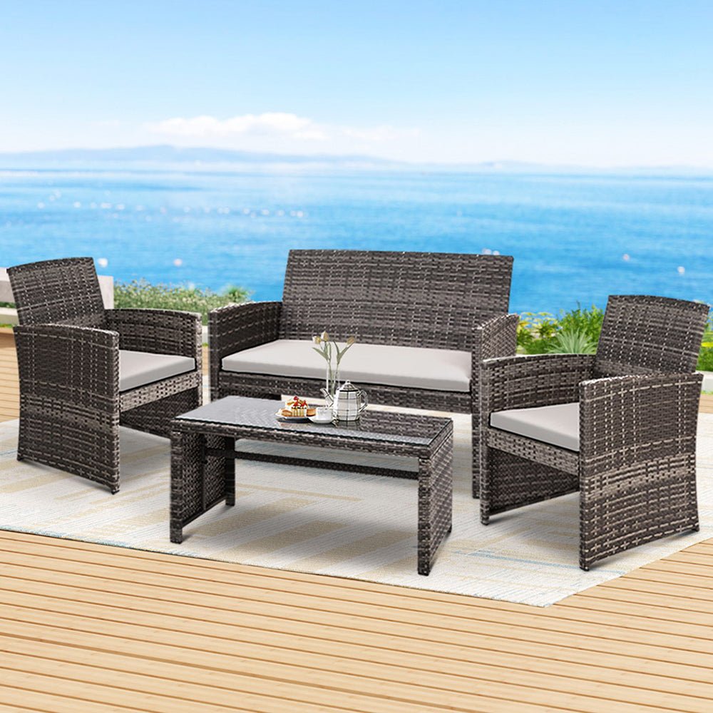 Gardeon 4 PCS Outdoor Sofa Set Rattan Chair Table Setting Garden Furniture Grey - Outdoorium