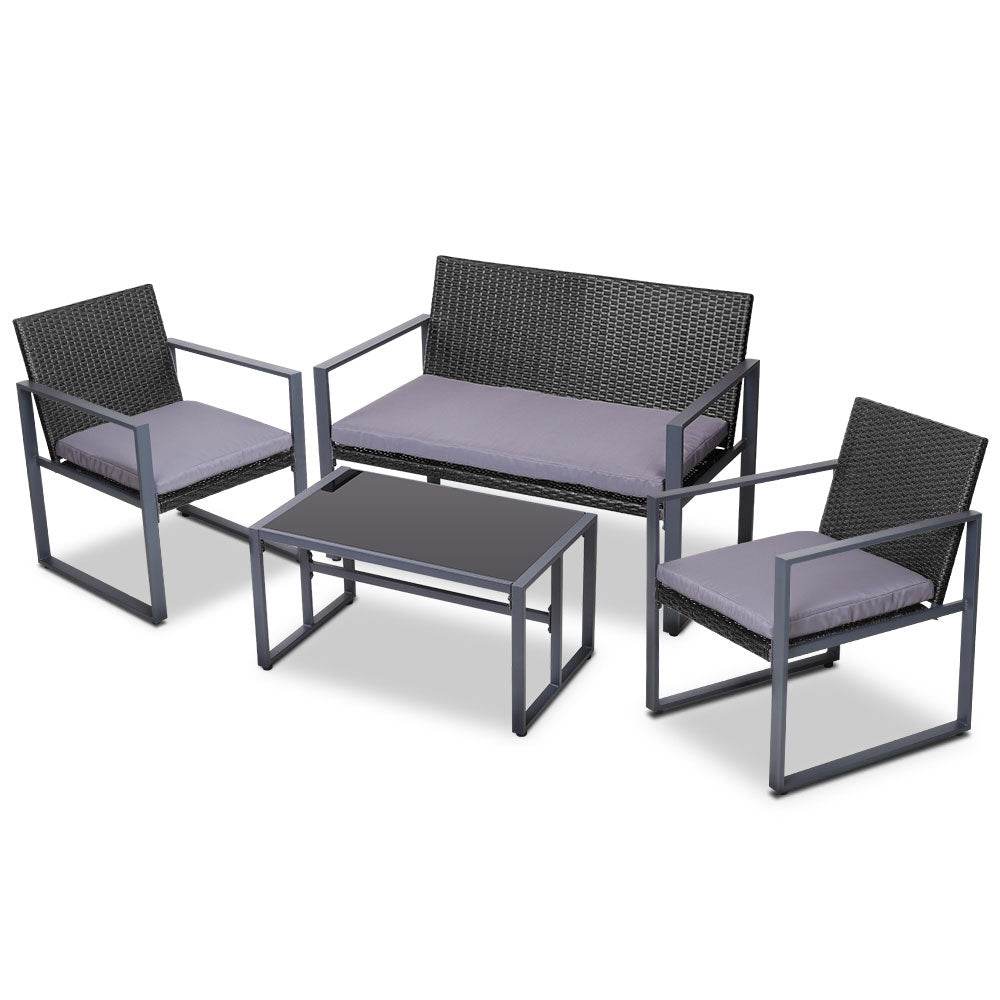Gardeon 4 PCS Outdoor Sofa Set Rattan Furniture Glass Top Table Chairs Black | Outdoorium