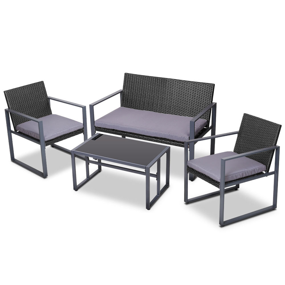 Gardeon 4 PCS Outdoor Sofa Set Rattan Furniture Glass Top Table Chairs Black - Outdoorium