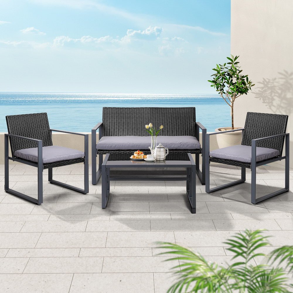 Gardeon 4 PCS Outdoor Sofa Set Rattan Furniture Glass Top Table Chairs Black - Outdoorium