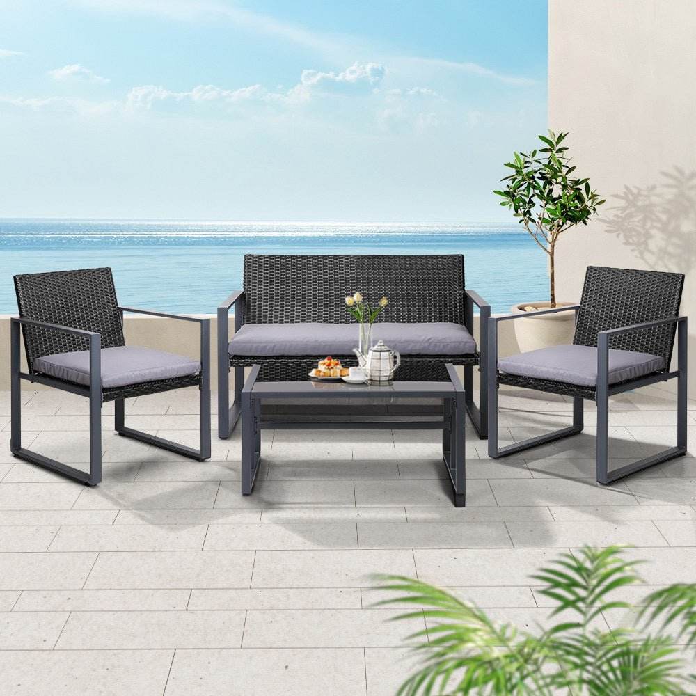 Gardeon 4 PCS Outdoor Sofa Set Rattan Furniture Glass Top Table Chairs Black | Outdoorium