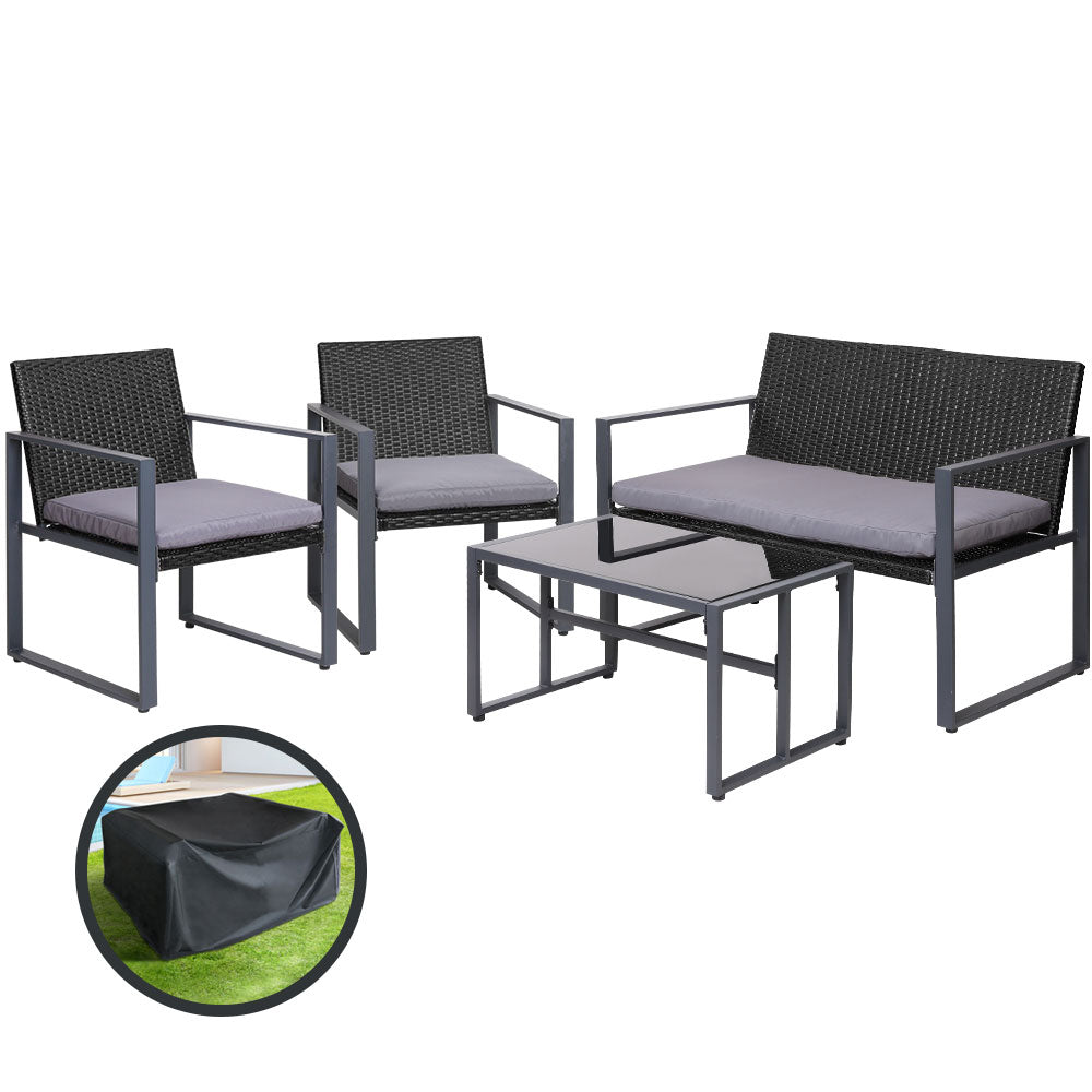 Gardeon 4 PCS Outdoor Sofa Set Rattan Furniture with Storage Cover Chairs Black - Outdoorium