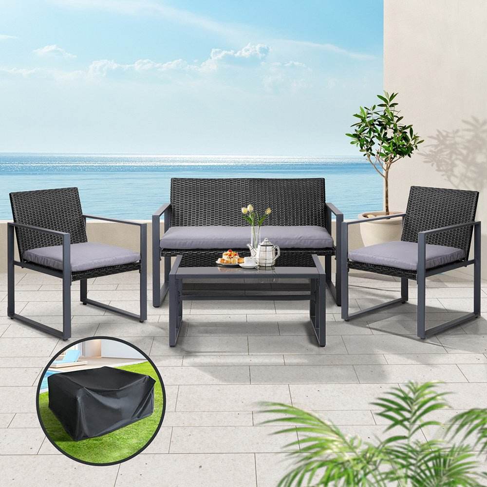 Gardeon 4 PCS Outdoor Sofa Set Rattan Furniture with Storage Cover Chairs Black | Outdoorium