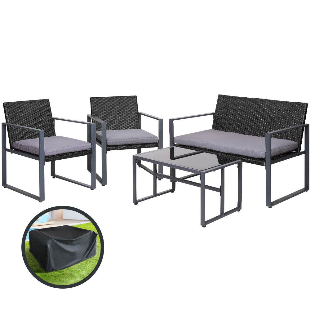 Gardeon 4 PCS Outdoor Sofa Set Rattan Furniture with Storage Cover Chairs Black | Outdoorium