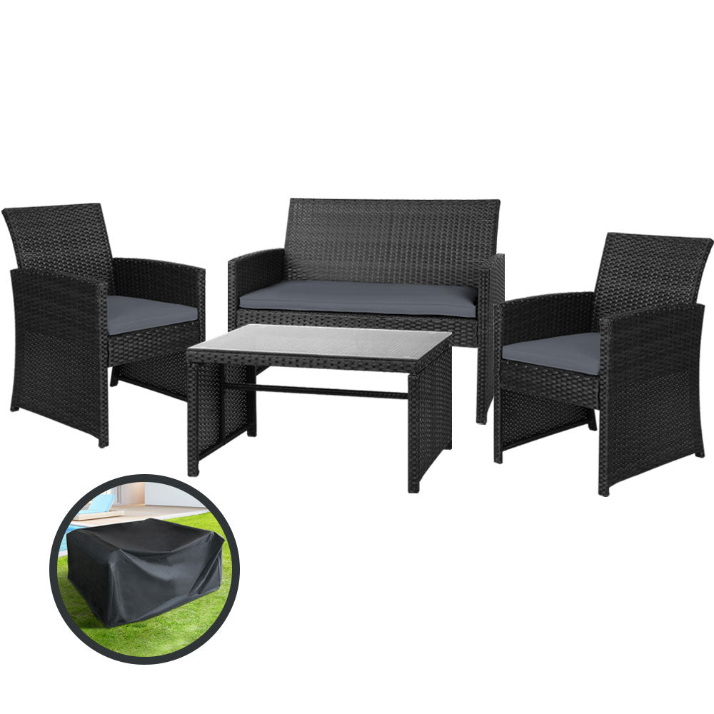 Gardeon 4 PCS Outdoor Sofa Set with Storage Cover Rattan Chair Furniture Black - Outdoorium