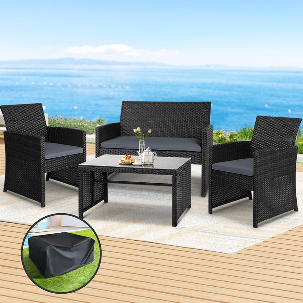 Gardeon 4 PCS Outdoor Sofa Set with Storage Cover Rattan Chair Furniture Black - Outdoorium