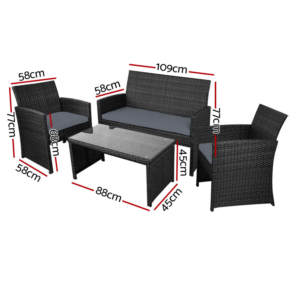 Gardeon 4 PCS Outdoor Sofa Set with Storage Cover Rattan Chair Furniture Black - Outdoorium