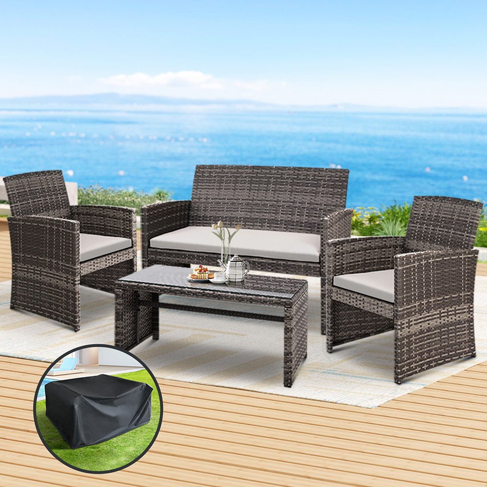 Gardeon 4 PCS Outdoor Sofa Set with Storage Cover Rattan Chair Furniture Grey - Outdoorium