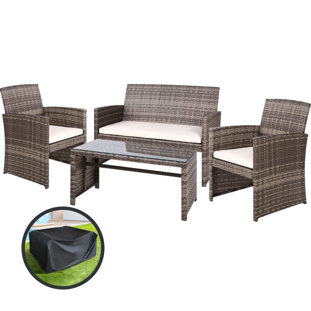 Gardeon 4 PCS Outdoor Sofa Set with Storage Cover Rattan Chair Furniture Grey - Outdoorium