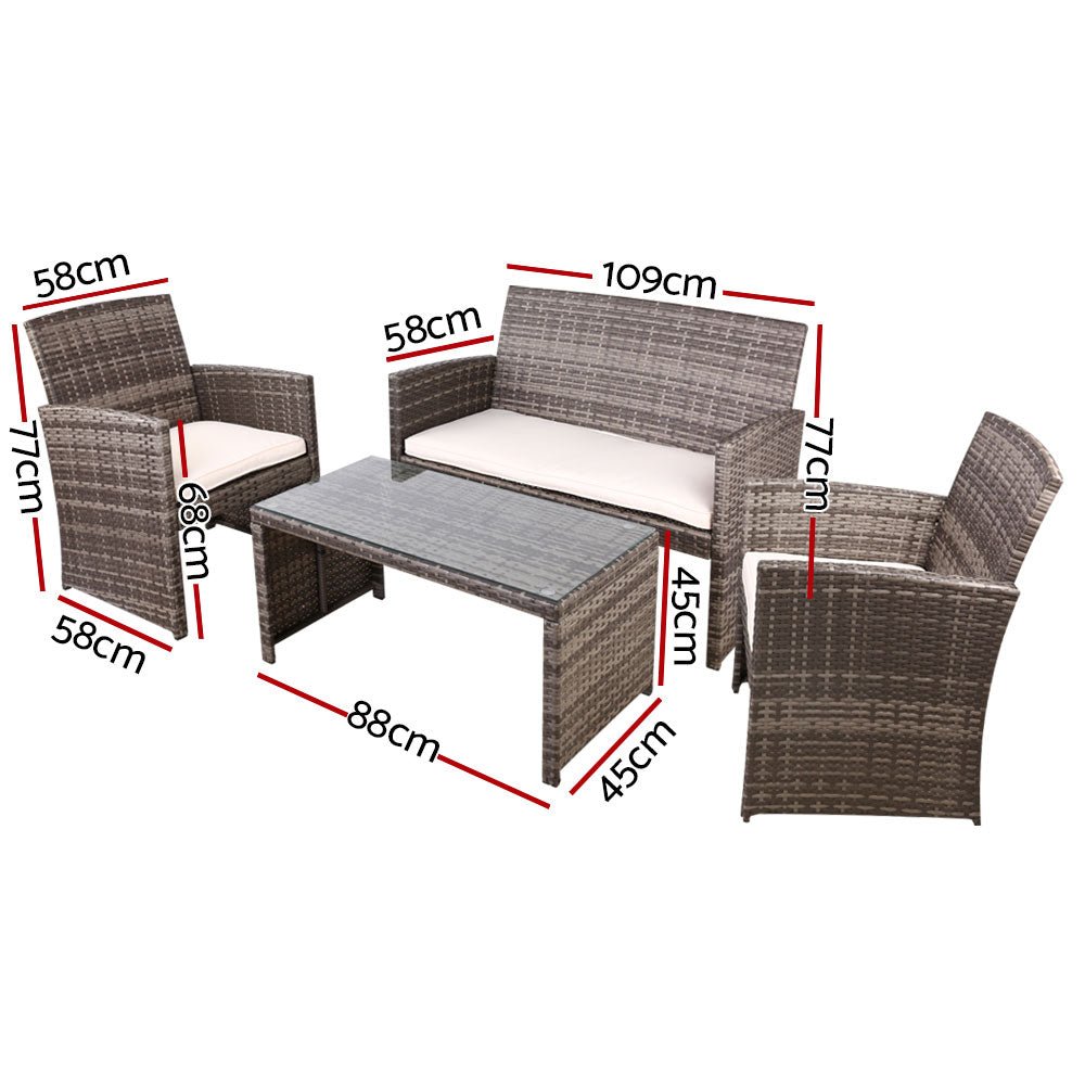 Gardeon 4 PCS Outdoor Sofa Set with Storage Cover Rattan Chair Furniture Grey - Outdoorium