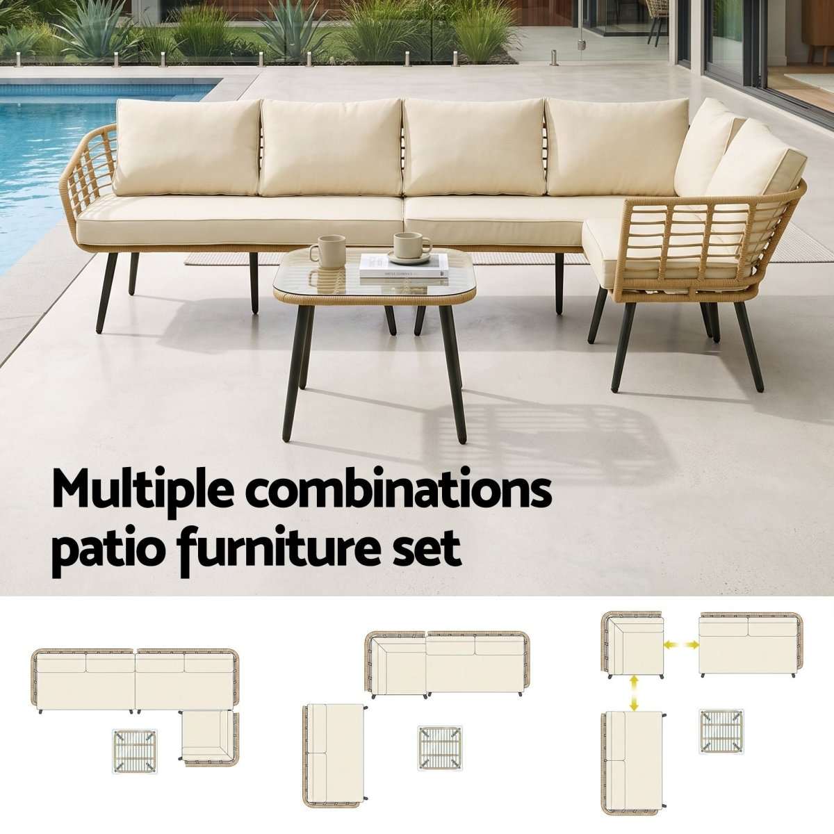 Gardeon 4-Piece Modular Outdoor Sofa Set with Cushions 5 Seater Rattan Furniture | Furniture > Outdoor > Outdoor Sofas & Lounge Sets