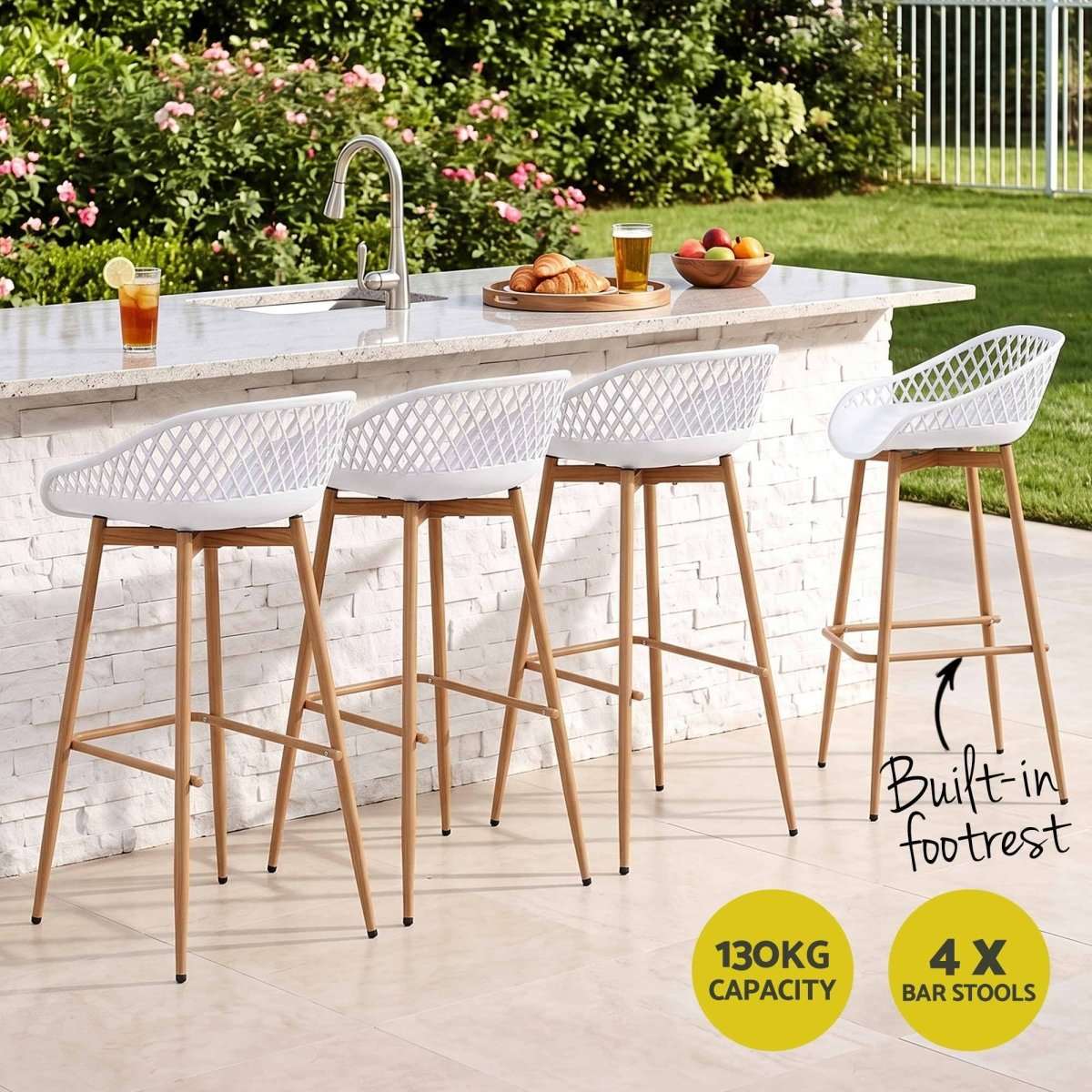 Gardeon 4-Piece Outdoor Bar Stools Plastic Metal Dining Chair Balcony White | Furniture > Bar Stools & Chairs > Table & Bar Stools