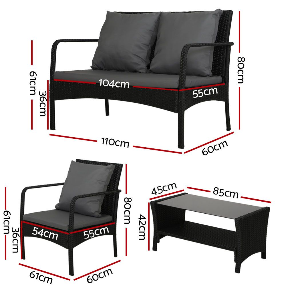 Gardeon 4-piece wicker outdoor sofa set in black and grey – product image 3