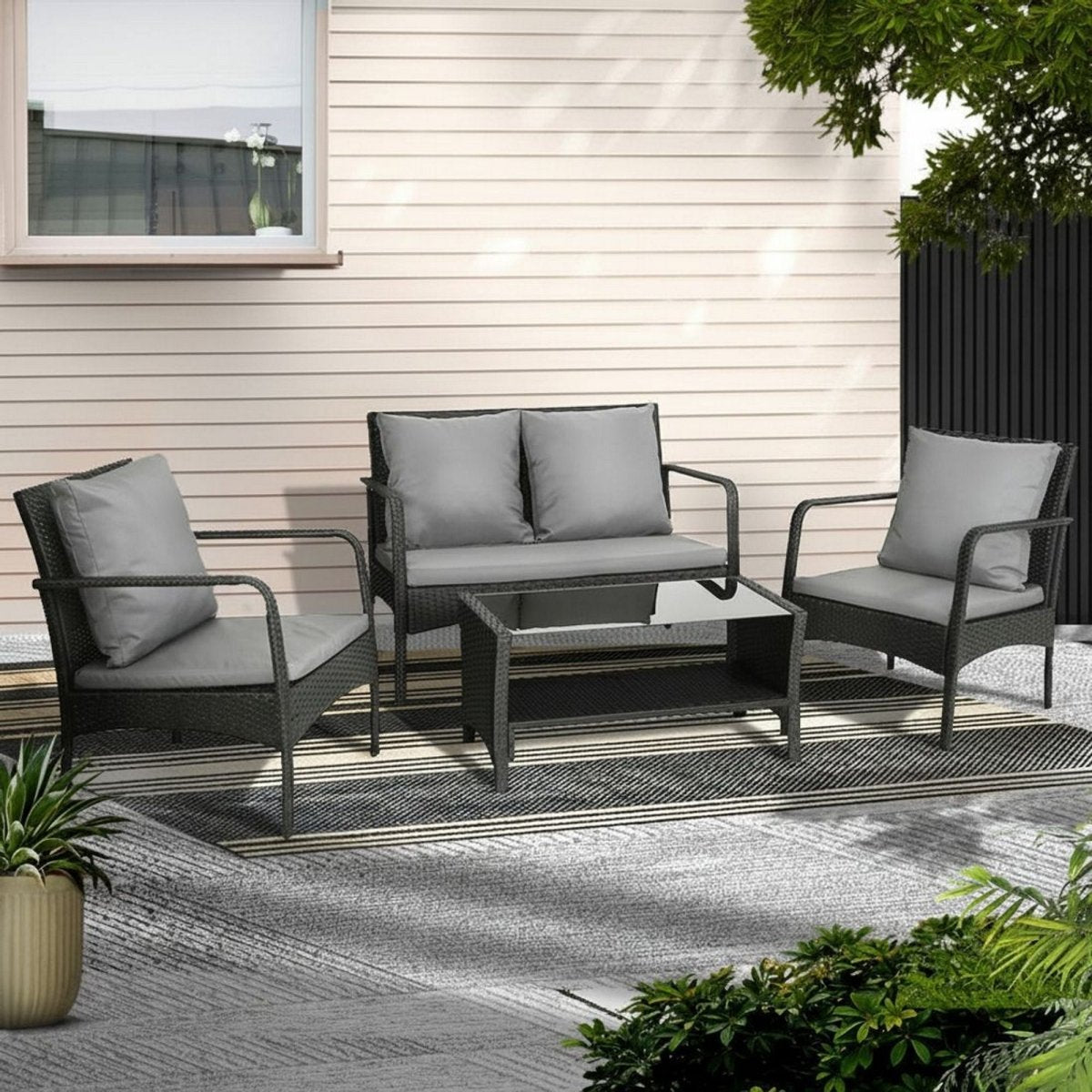 Gardeon 4-piece wicker outdoor sofa set in black and grey – product image 1