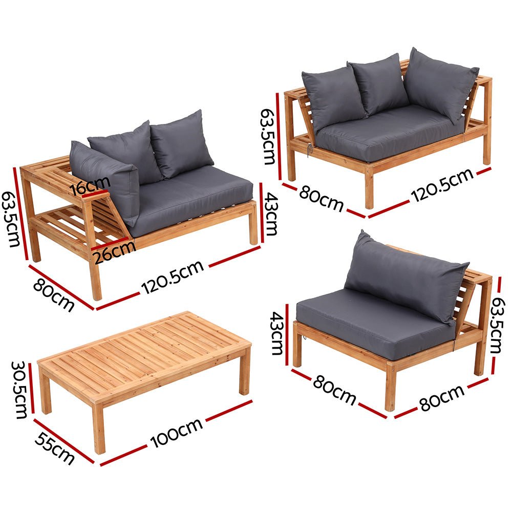 Gardeon 4 Pieces Outdoor Sofa Set 5 - Seater Wooden Bench with Built - in Side Table | Furniture > Outdoor > Outdoor Sofas & Lounge Sets