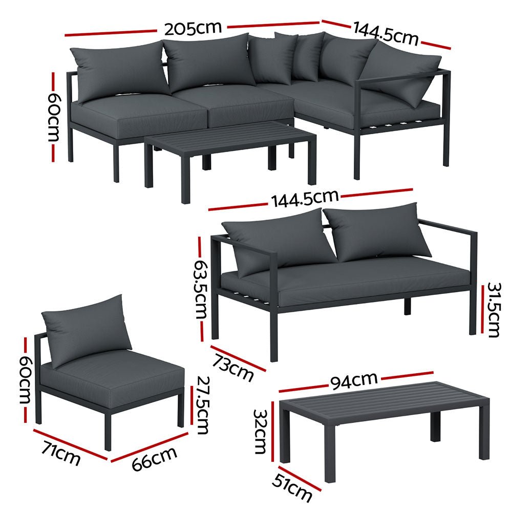 Gardeon 4 Seater Outdoor Sofa Set Aluminium Patio Furniture Setting 4PC Charcoal - Outdoorium