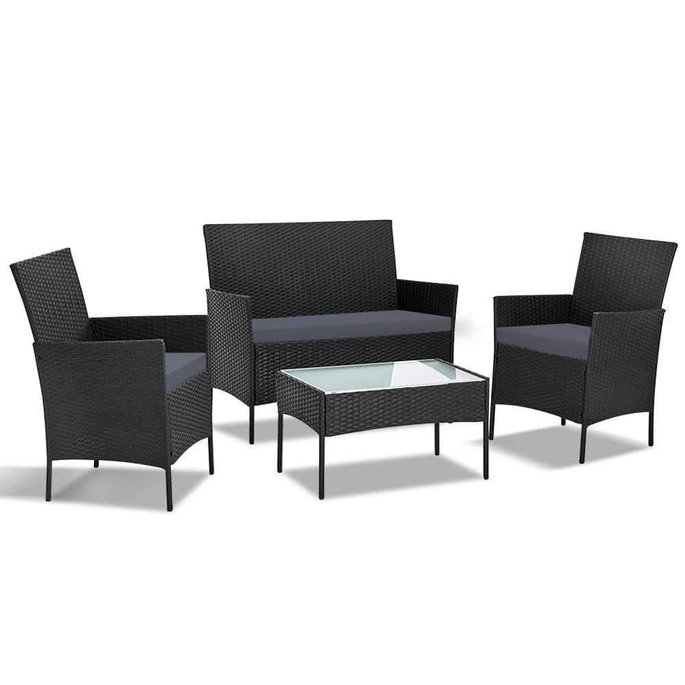 Gardeon 4 Seater Outdoor Sofa Set Wicker Setting Table Chair Furniture Black - Outdoorium